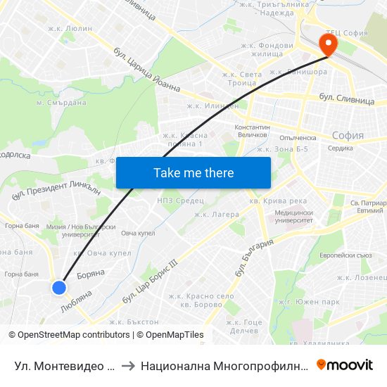 Ул. Монтевидео / Montevideo St. (2050) to Национална Многопрофилна Транспортна Болница Цар Борис III map