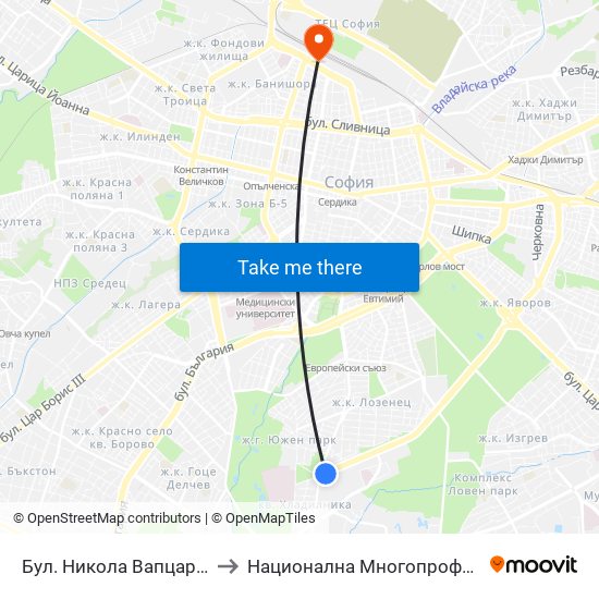 Бул. Никола Вапцаров / Nikola Vaptsarov Blvd. (0344) to Национална Многопрофилна Транспортна Болница Цар Борис III map