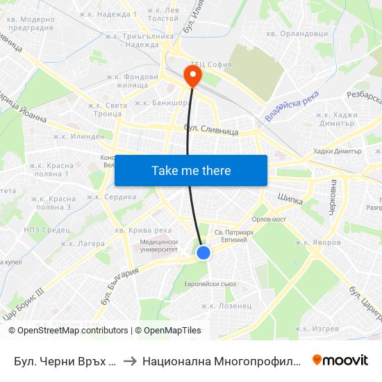 Бул. Черни Връх / Cherni Vrah Blvd. (0395) to Национална Многопрофилна Транспортна Болница Цар Борис III map