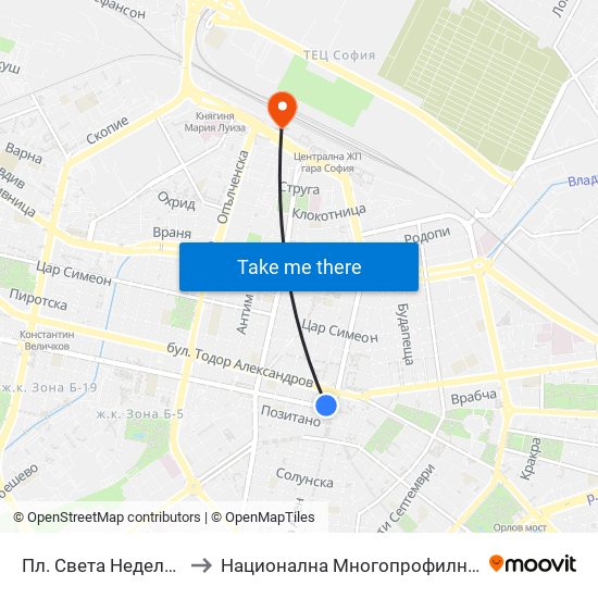 Пл. Света Неделя / St. Nedelya Sq. (1308) to Национална Многопрофилна Транспортна Болница Цар Борис III map