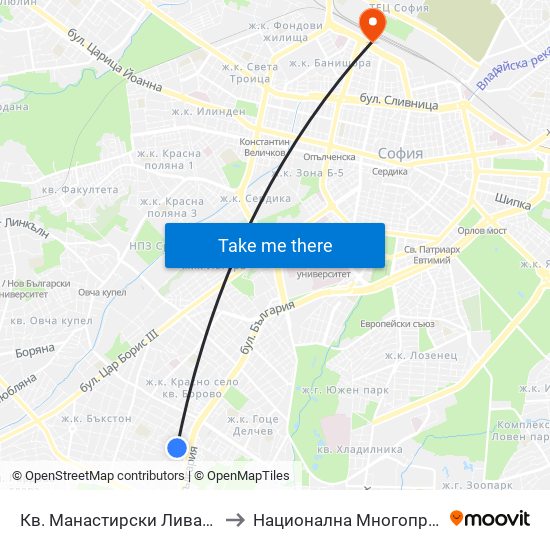 Кв. Манастирски Ливади - Запад / Manastirski Livadi - West Qr. (0582) to Национална Многопрофилна Транспортна Болница Цар Борис III map