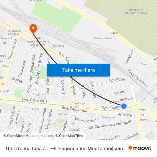 Пл. Сточна Гара / Stochna Gara Sq. (1311) to Национална Многопрофилна Транспортна Болница Цар Борис III map