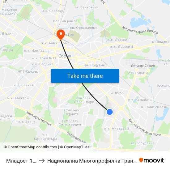 Младост-1 / Mladost 1 to Национална Многопрофилна Транспортна Болница Цар Борис III map