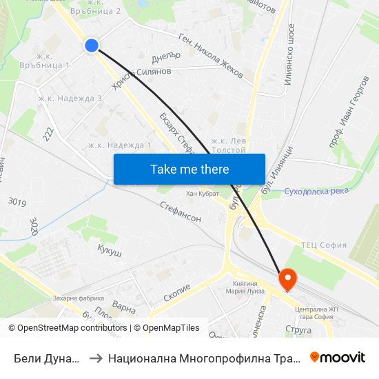 Бели Дунав / Beli Dunav to Национална Многопрофилна Транспортна Болница Цар Борис III map