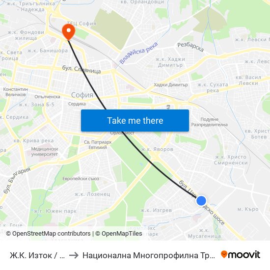 Ж.К. Изток / Iztok Qr (1696) to Национална Многопрофилна Транспортна Болница Цар Борис III map
