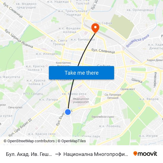 Бул. Акад. Ив. Гешов / Ivan Geshov Blvd. (2804) to Национална Многопрофилна Транспортна Болница Цар Борис III map