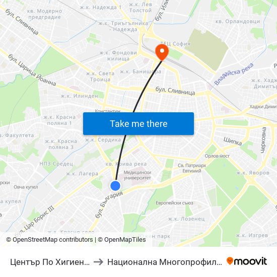 Център По Хигиена / Centre Of Hygiene (2343) to Национална Многопрофилна Транспортна Болница Цар Борис III map