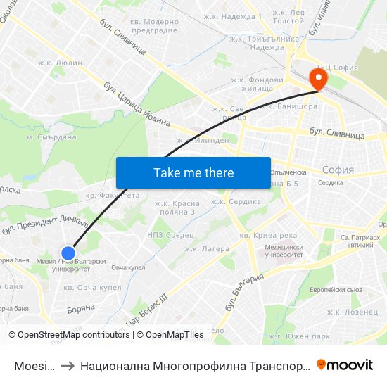Moesia/Nbu to Национална Многопрофилна Транспортна Болница Цар Борис III map