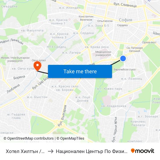 Хотел Хилтън / Hilton Hotel (0397) to Национален Център По Физикално Лечение И Рехабилитация map