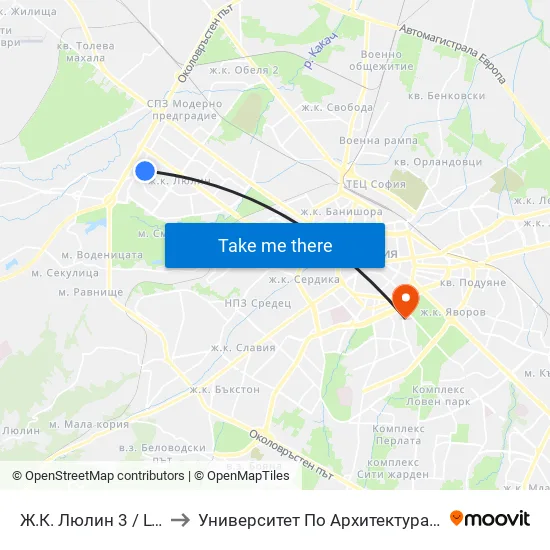 Ж.К. Люлин 3 / Lyulin 3 Qr. (0652) to Университет По Архитектура, Строителство И Геодезия map
