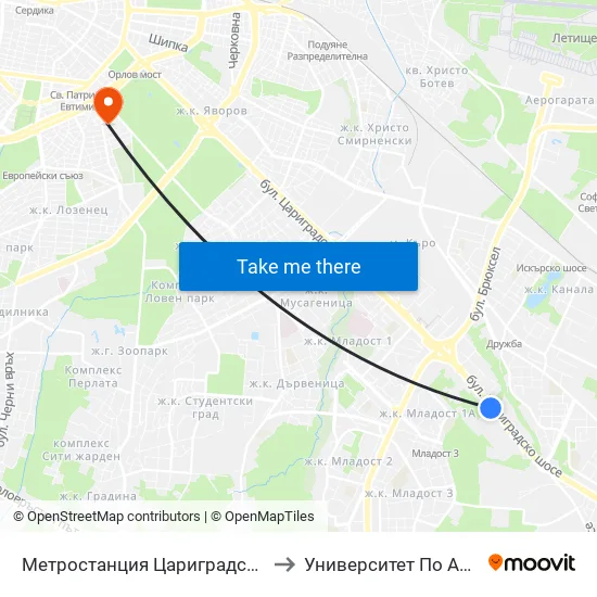 Ⓜ️ Метростанция Цариградско Шосе / Tsarigradsko Shosse Metro Station (1017) to Университет По Архитектура, Строителство И Геодезия map