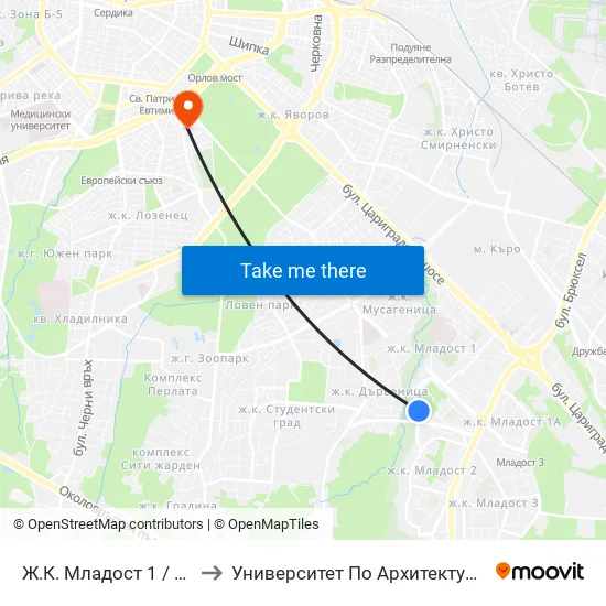 Ж.К. Младост 1 / Mladost 1 Qr. (0661) to Университет По Архитектура, Строителство И Геодезия map