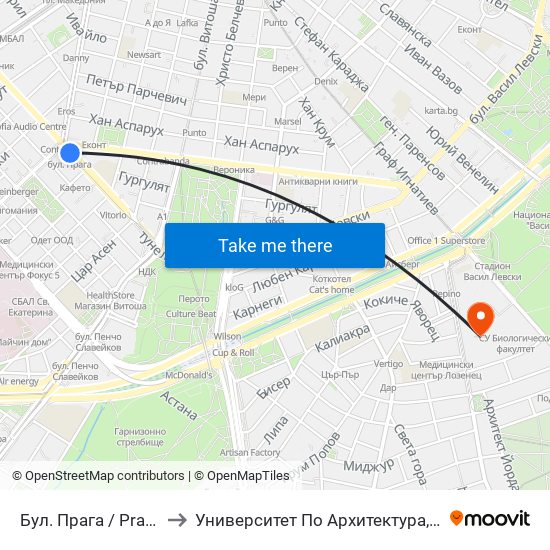Бул. Прага / Prague Blvd. (0365) to Университет По Архитектура, Строителство И Геодезия map