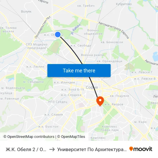 Ж.К. Обеля 2 / Obelya 2 Qr. (0678) to Университет По Архитектура, Строителство И Геодезия map