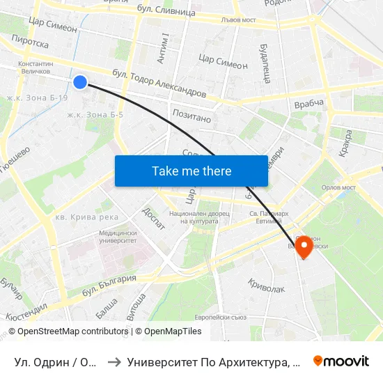 Ул. Одрин / Odrin St. (2076) to Университет По Архитектура, Строителство И Геодезия map