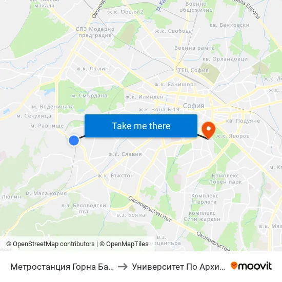 Ⓜ️ Метростанция Горна Баня / Gorna Banya Metro Station (0685) to Университет По Архитектура, Строителство И Геодезия map