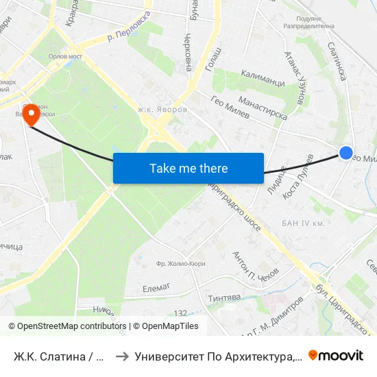 Ж.К. Слатина / Slatina Qr. (0689) to Университет По Архитектура, Строителство И Геодезия map