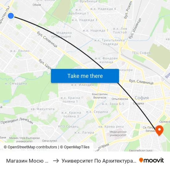 Магазин Мосю Бриколаж (2385) to Университет По Архитектура, Строителство И Геодезия map