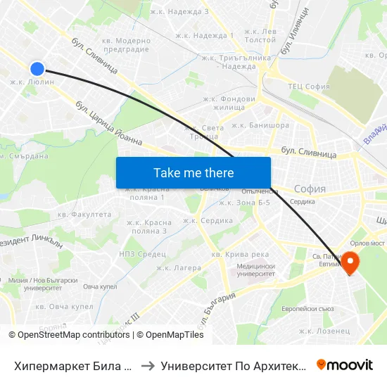 Хипермаркет Била / Billa Hypermarket (2306) to Университет По Архитектура, Строителство И Геодезия map