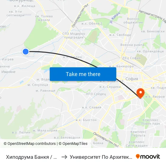 👋 Хиподрума Банкя / Bankya Hippodrome (2307) to Университет По Архитектура, Строителство И Геодезия map