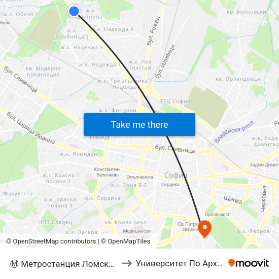Ⓜ️ Метростанция Ломско Шосе / Lomsko Shose Metro Station (2660) to Университет По Архитектура, Строителство И Геодезия map