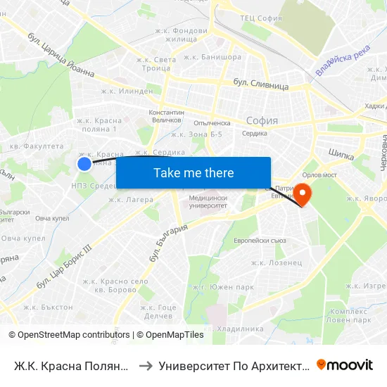 Ж.К. Красна Поляна / Krasna Polyana (0631) to Университет По Архитектура, Строителство И Геодезия map