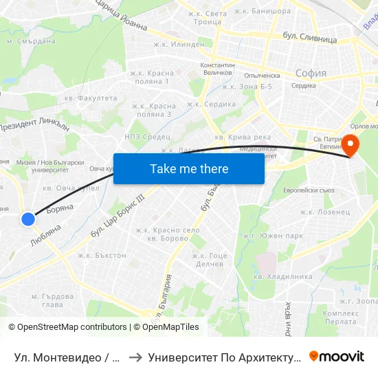 Ул. Монтевидео / Montevideo St. (2049) to Университет По Архитектура, Строителство И Геодезия map