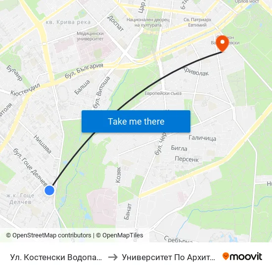 Ул. Костенски Водопад / Kostenski Vodopad St. (2009) to Университет По Архитектура, Строителство И Геодезия map