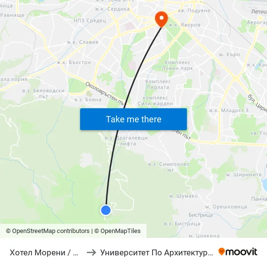 Хотел Морени / Moreni Hotel (2704) to Университет По Архитектура, Строителство И Геодезия map