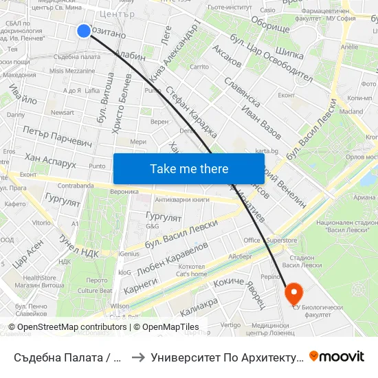 Съдебна Палата / Court Of Justice (1720) to Университет По Архитектура, Строителство И Геодезия map
