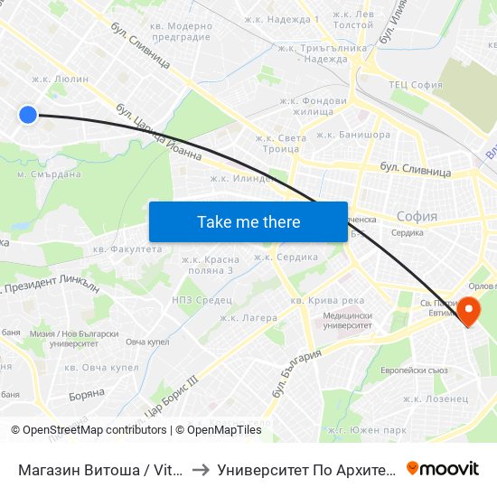 Магазин Витоша / Vitosha Department Store (1711) to Университет По Архитектура, Строителство И Геодезия map