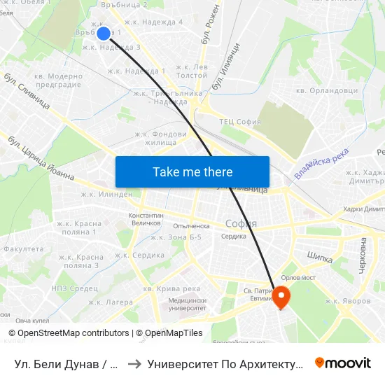 Ул. Бели Дунав / Beli Dunav St. (1838) to Университет По Архитектура, Строителство И Геодезия map