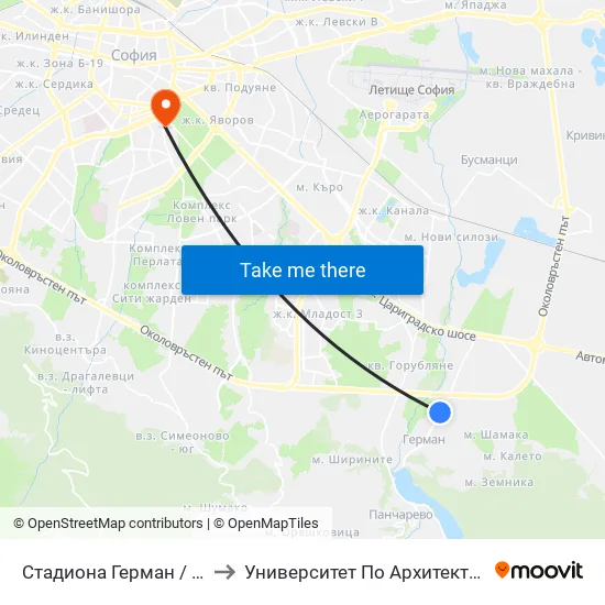 Стадиона Герман / German Stadium (1037) to Университет По Архитектура, Строителство И Геодезия map