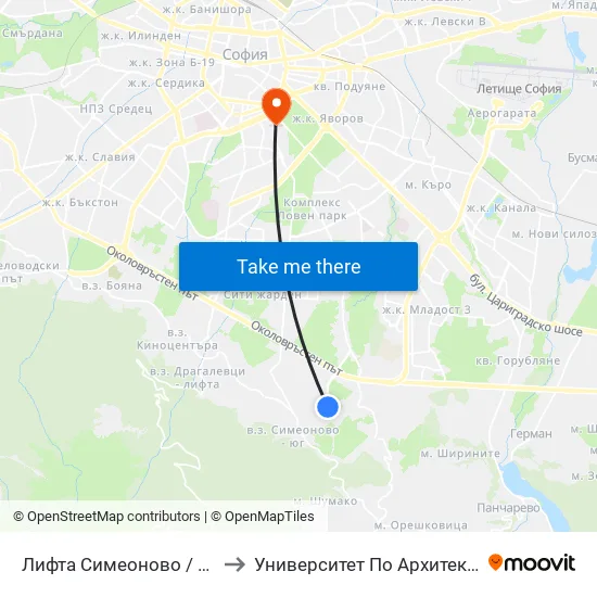 🚠 Лифта Симеоново / Aerial Lift Simeonovo (1011) to Университет По Архитектура, Строителство И Геодезия map