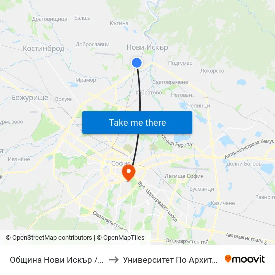 Община Нови Искър / Municipality Of Novi Iskar (0955) to Университет По Архитектура, Строителство И Геодезия map