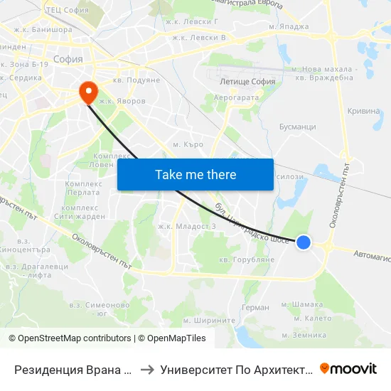 Резиденция Врана / Vrana Residence (1466) to Университет По Архитектура, Строителство И Геодезия map