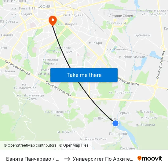 👋 Банята Панчарево / Pancharevo Public Bath (0102) to Университет По Архитектура, Строителство И Геодезия map