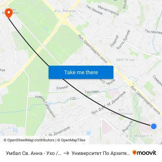 Умбал Св. Анна - Ухо / St. Anna Hospital - Loop (1198) to Университет По Архитектура, Строителство И Геодезия map
