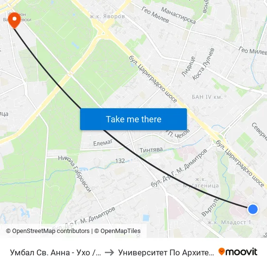 Умбал Св. Анна - Ухо / St. Anna Hospital - Loop (1197) to Университет По Архитектура, Строителство И Геодезия map