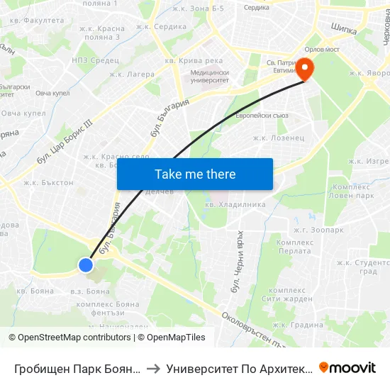 👋 Гробищен Парк Бояна / Boyana Cemetery (0263) to Университет По Архитектура, Строителство И Геодезия map