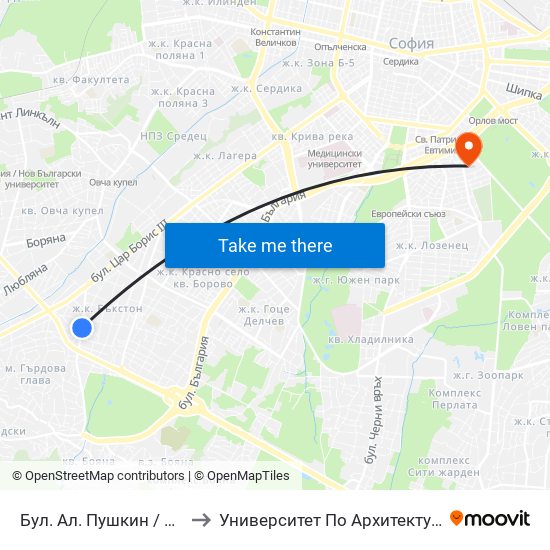Бул. Ал. Пушкин / Al. Pushkin Blvd. (0276) to Университет По Архитектура, Строителство И Геодезия map