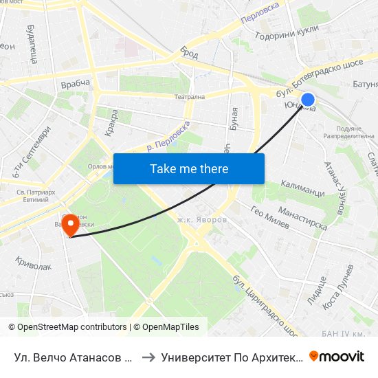 Ул. Велчо Атанасов / Velcho Atanasov St. (1867) to Университет По Архитектура, Строителство И Геодезия map