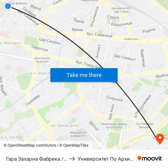 Гара Захарна Фабрика / Zaharna Fabrika Train Station (0622) to Университет По Архитектура, Строителство И Геодезия map