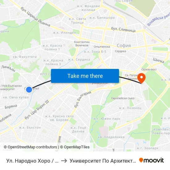 Ул. Народно Хоро / Narodno Horo St. (2057) to Университет По Архитектура, Строителство И Геодезия map