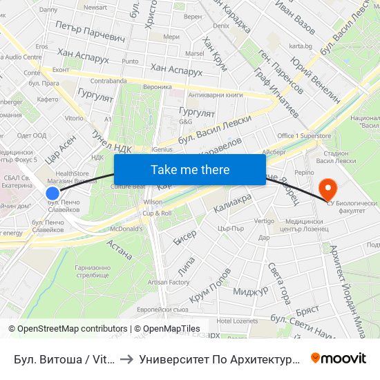 Бул. Витоша / Vitosha Blvd. (0301) to Университет По Архитектура, Строителство И Геодезия map