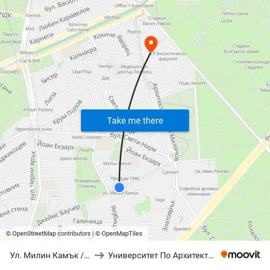 Ул. Милин Камък / Milin Kamak St. (2045) to Университет По Архитектура, Строителство И Геодезия map
