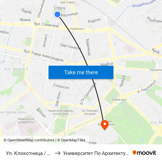Ул. Клокотница / Klokotnitsa St. (1993) to Университет По Архитектура, Строителство И Геодезия map