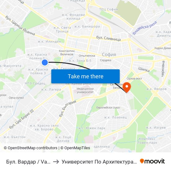 Бул. Вардар / Vardar Blvd. (0295) to Университет По Архитектура, Строителство И Геодезия map