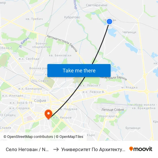 Село Негован / Negovan Village (1555) to Университет По Архитектура, Строителство И Геодезия map