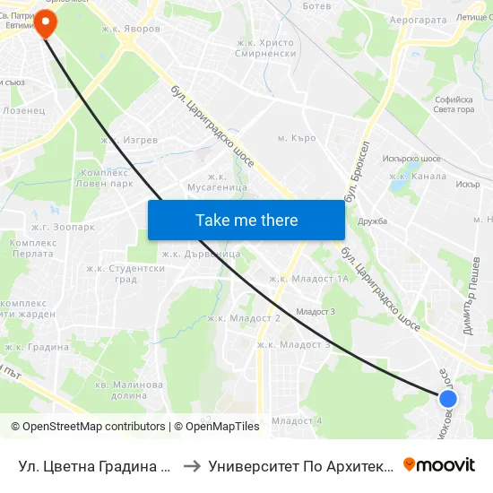 Ул. Цветна Градина / Tsvetna Gradina St. (2257) to Университет По Архитектура, Строителство И Геодезия map